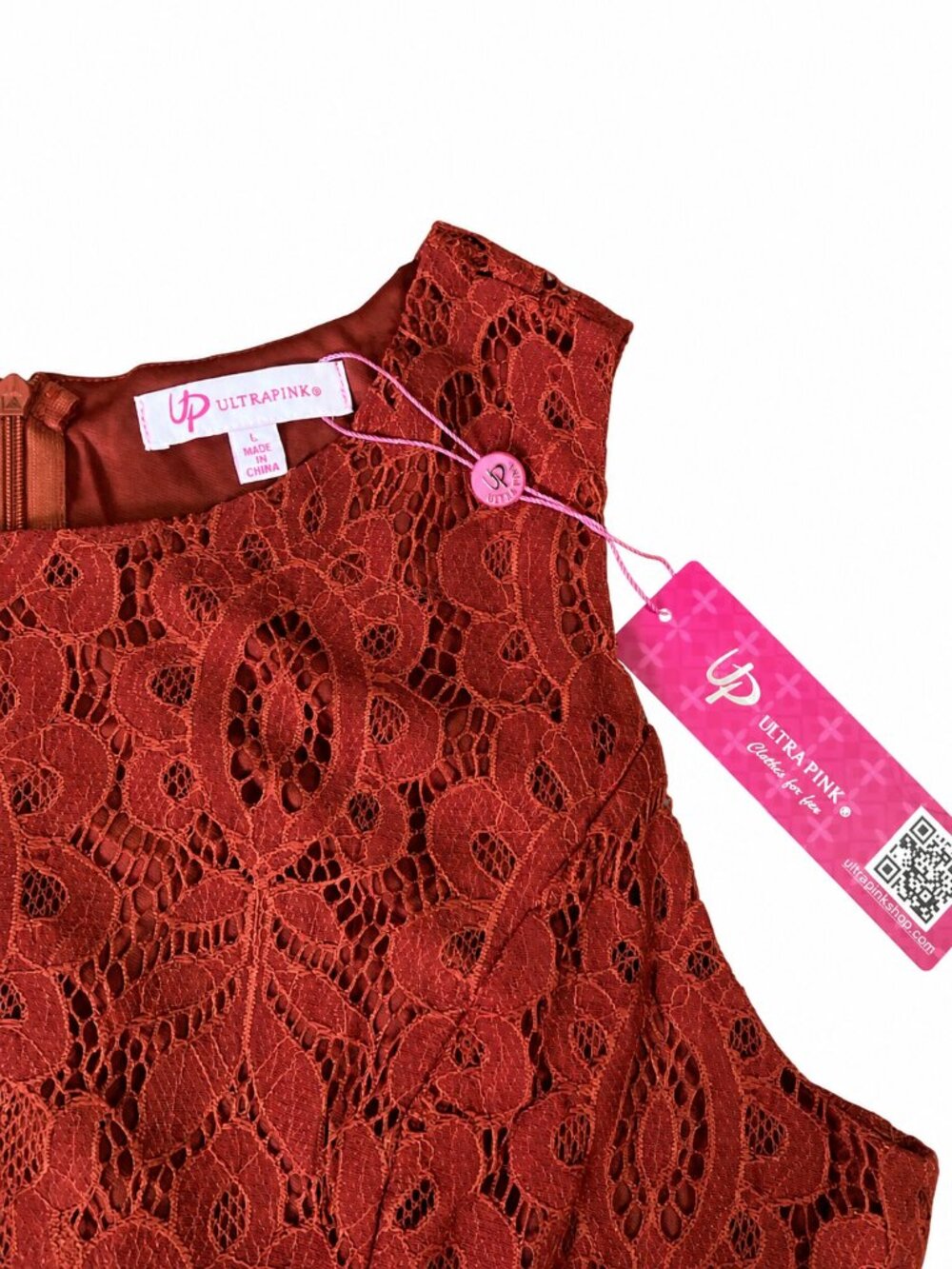 Elegant Brick Brown Lace Peplum Top Flowy Hem Back Zipper Size L NWT - Picture 2 of 4